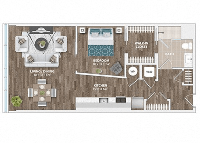 Floor plan for 1 bed, 1 bath, 795 sqft